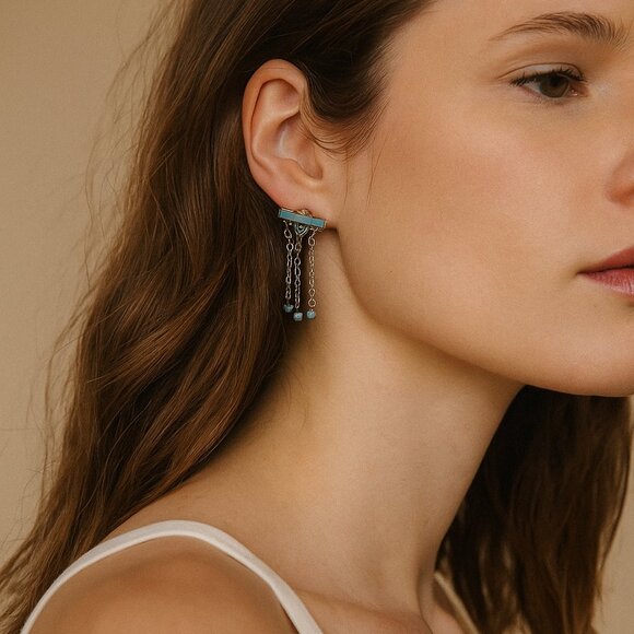 Blue Turquoise Color Southwest Native American Style Dangle Earrings - Picture 1 of 5